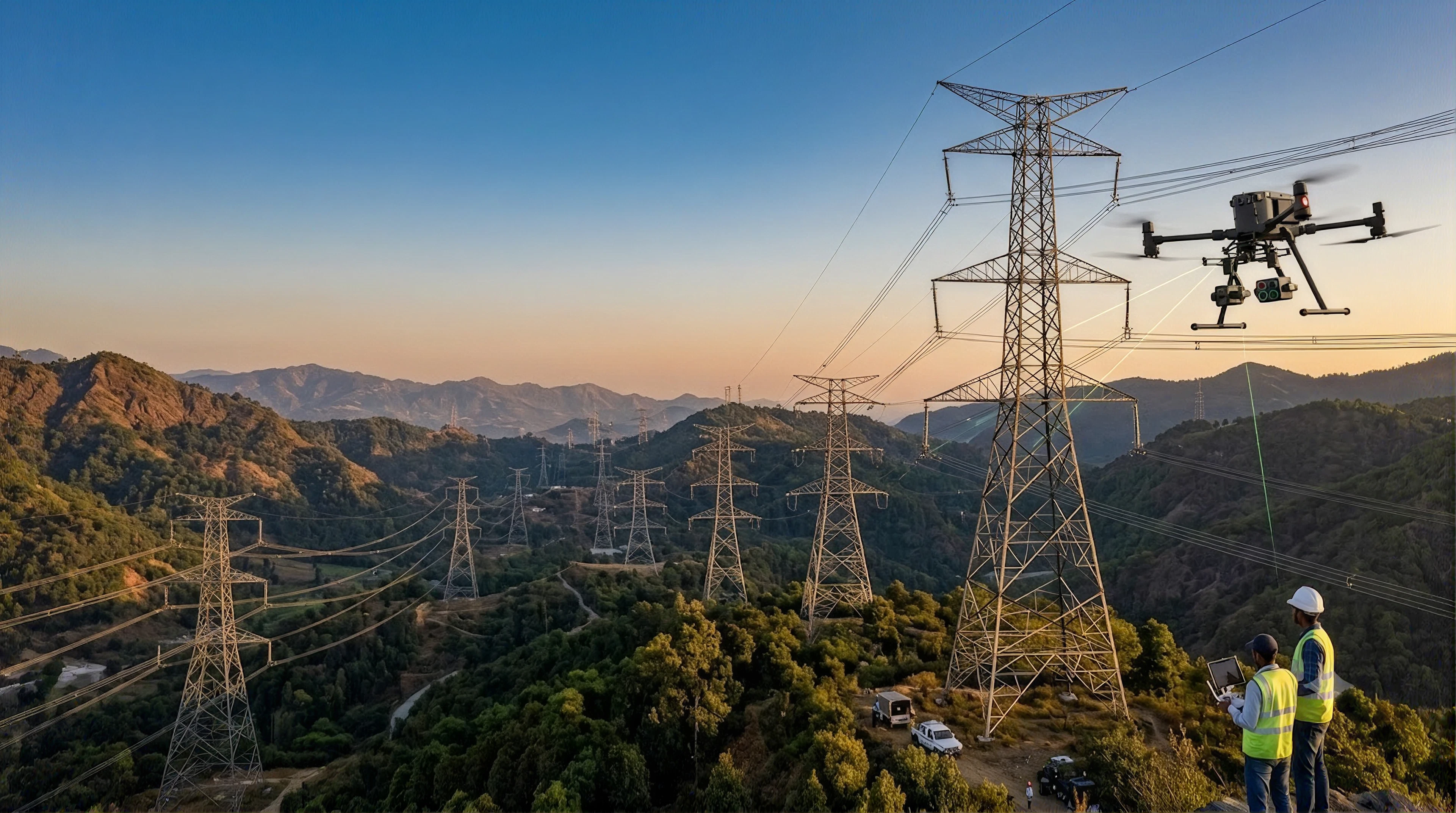 Drone inspecting high-voltage power line towers over hilly terrain